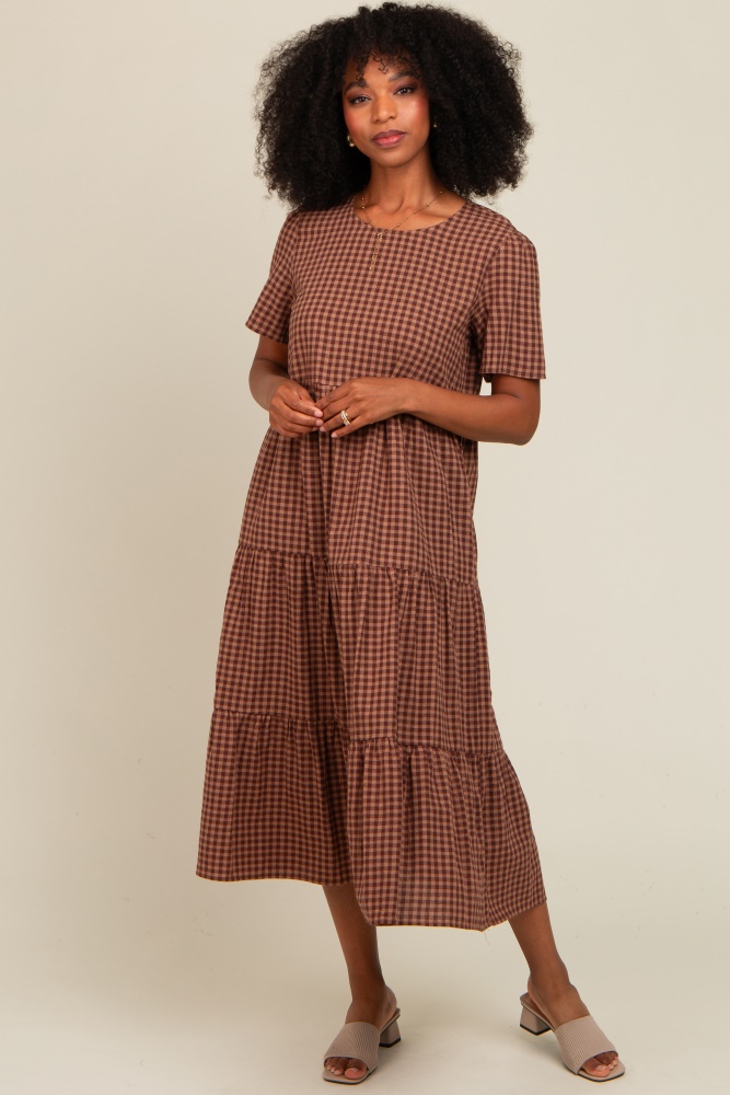 mocha gingham tiered midi dress