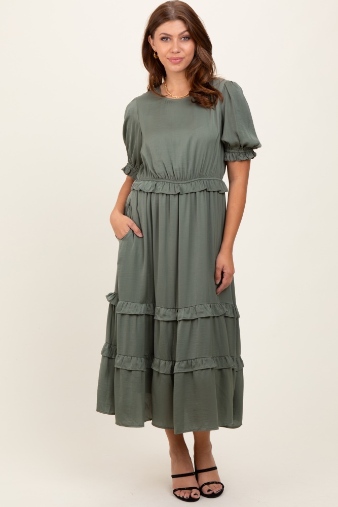 olive satin ruffle trim midi dress