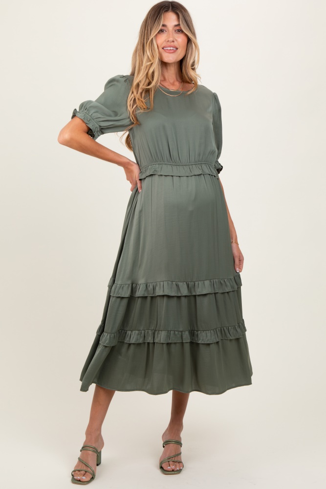 olive satin ruffle trim maternity midi dress