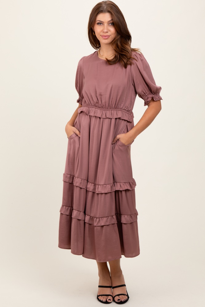 mauve satin ruffle trim midi dress