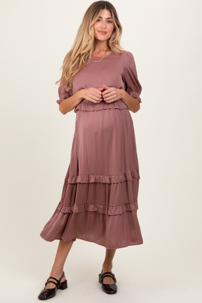 mauve satin ruffle trim maternity midi dress