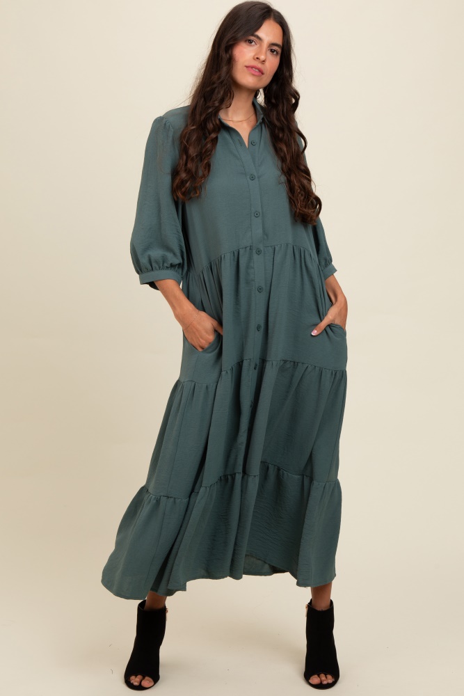 light olive tiered button down midi dress