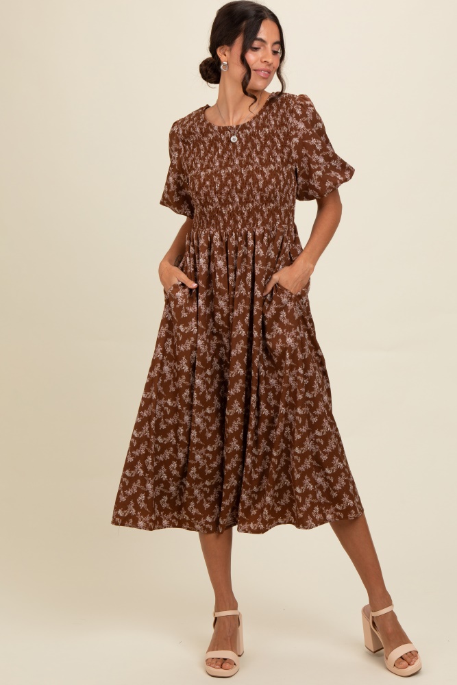 brown floral smocked midi dress