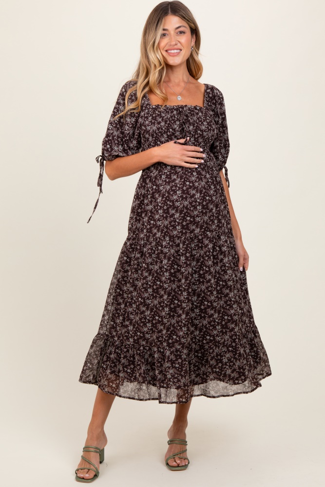 dark brown floral smocked sleeve tie maternity midi dress