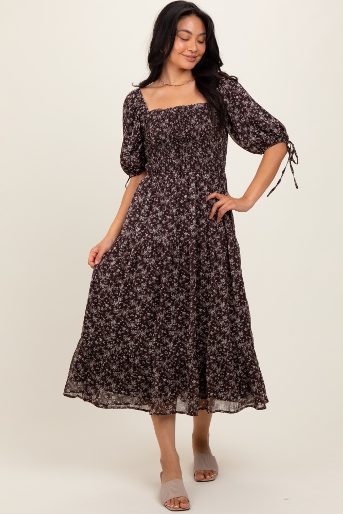 dark brown floral smocked sleeve tie midi dress