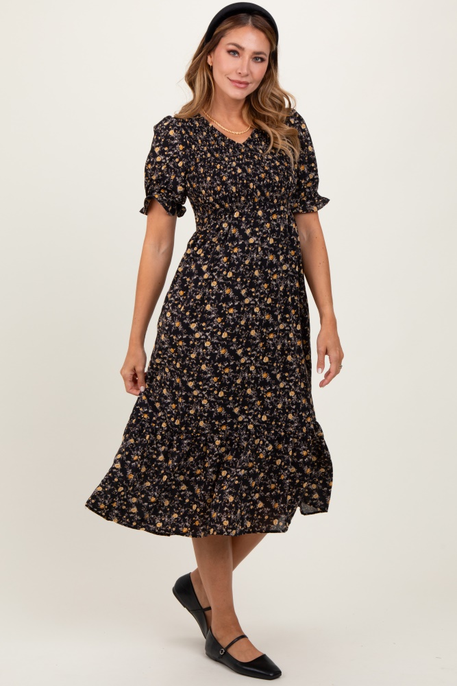 black floral print smocked ruffle hem midi dress