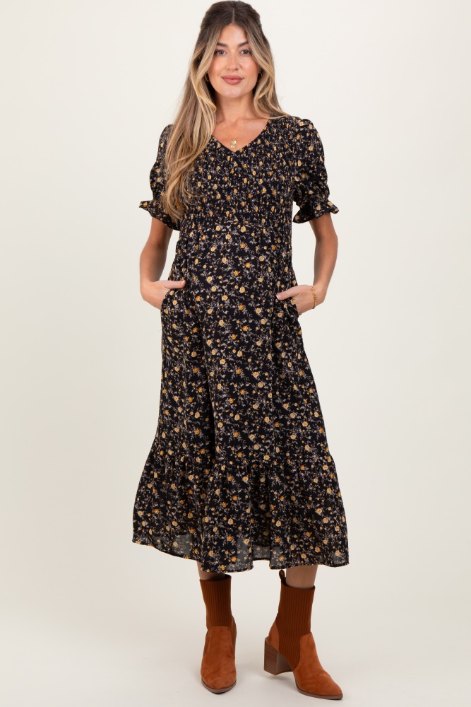 black floral print smocked ruffle hem maternity midi dress