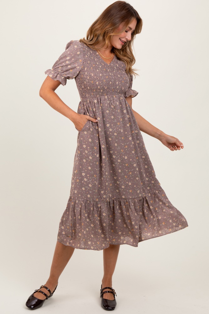 mauve floral print smocked ruffle hem midi dress