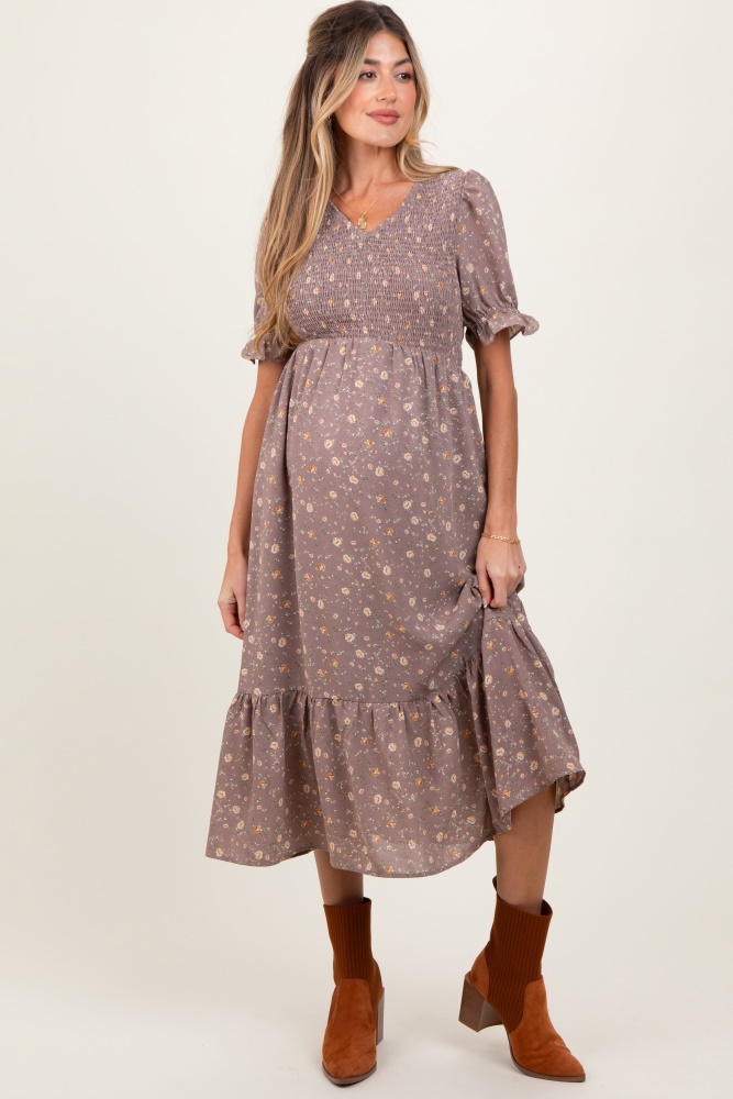 mauve floral print smocked ruffle hem maternity midi dress