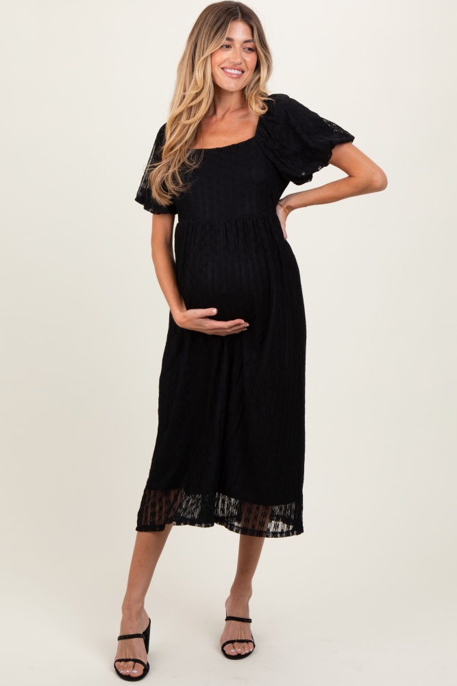 black lace overlay square neck maternity midi dress