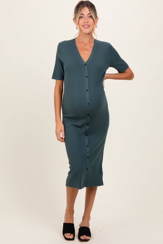 forest green button down maternity sweater midi dress