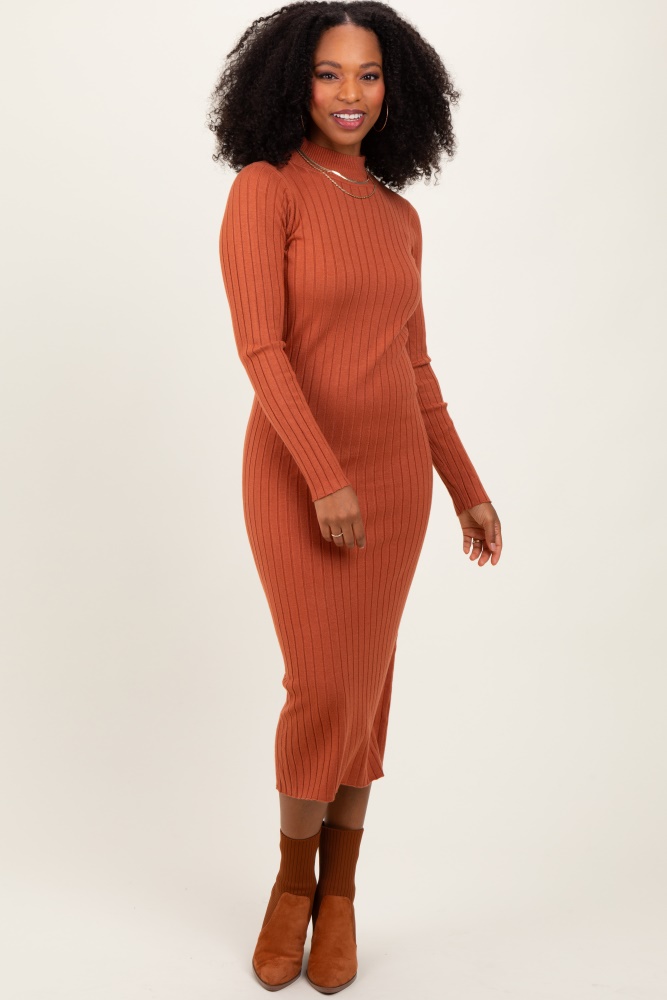 rust mock neck ribbed sweater dress