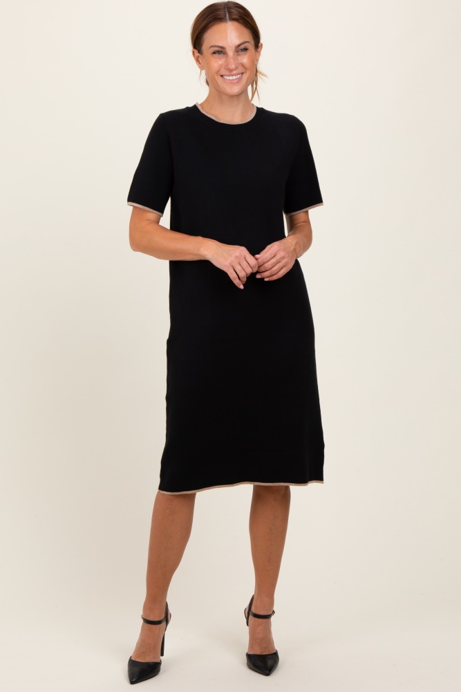 black knit short sleeve contrast trim dress