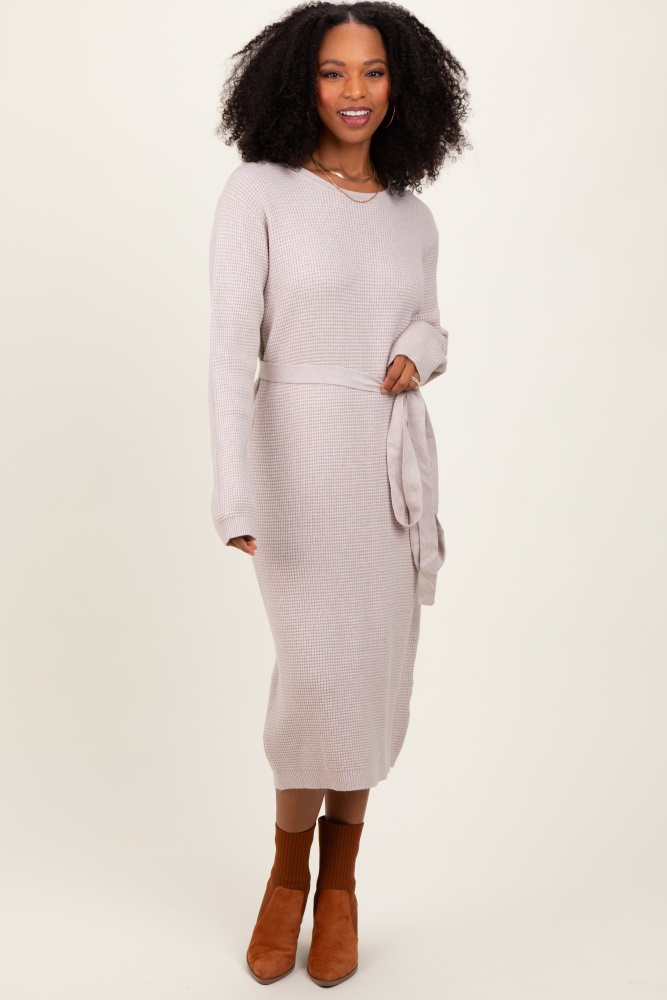 taupe waffle knit sash tie midi sweater dress