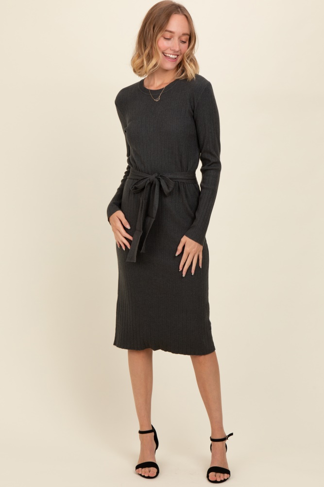 charcoal ribbed sash tie midi sweater dress