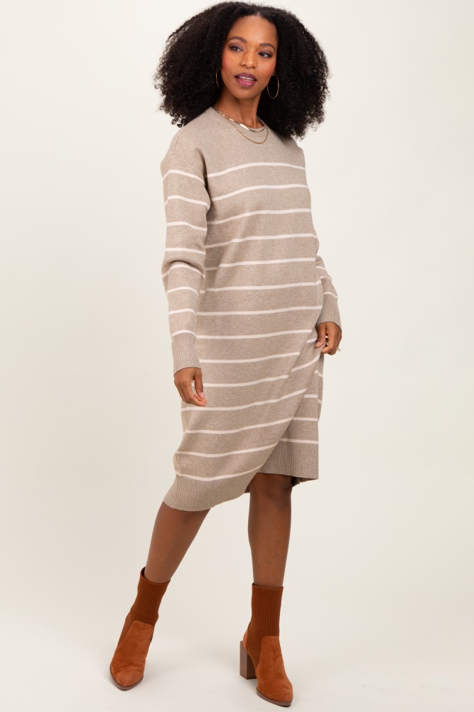 beige striped midi sweater dress