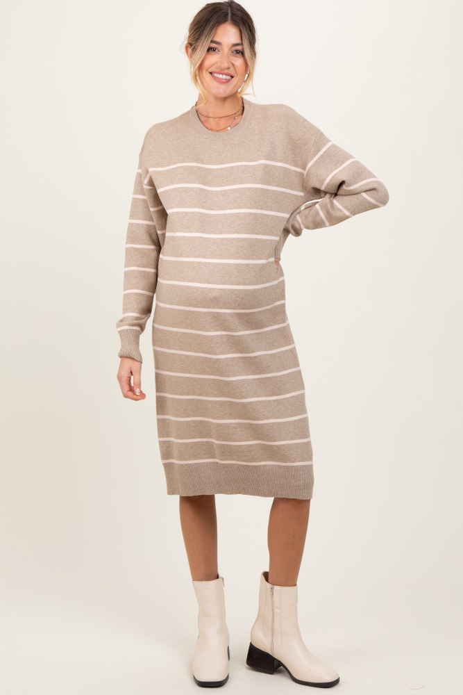 beige striped maternity midi sweater dress