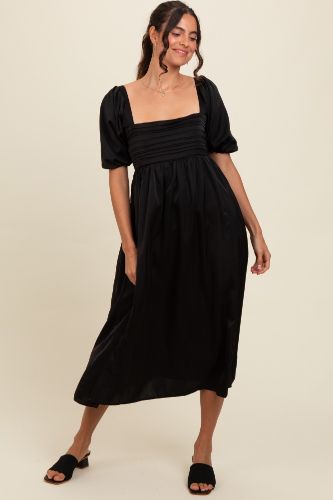 black satin pleated bodice puff sleeve midi dress