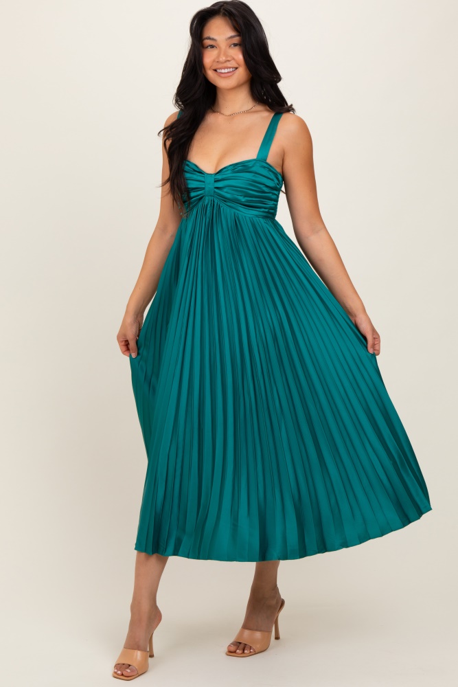 teal satin pleated sweetheart midi dress