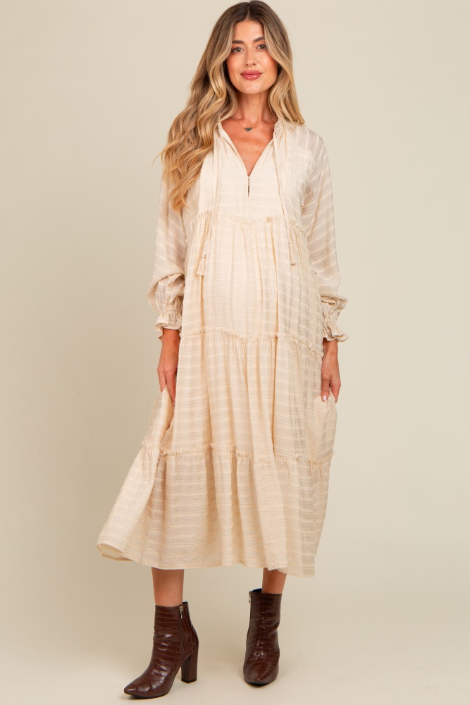 cream striped front tassel tie tiered maternity midi dress