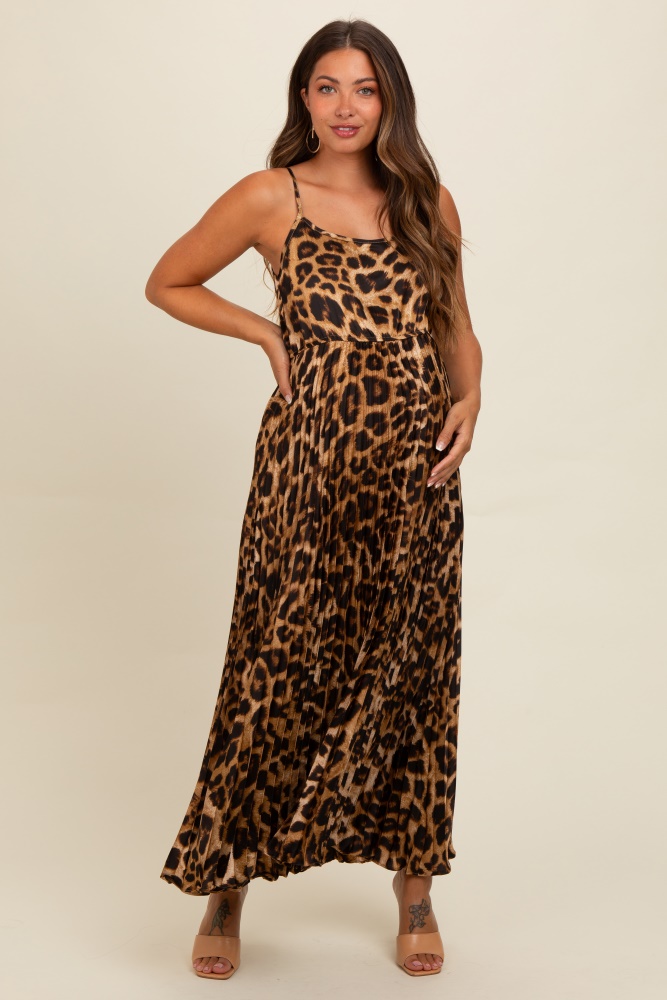 brown leopard print pleated maternity maxi dress