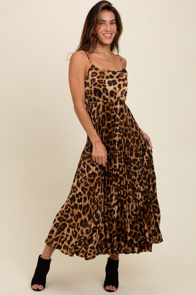 brown leopard print pleated maxi dress