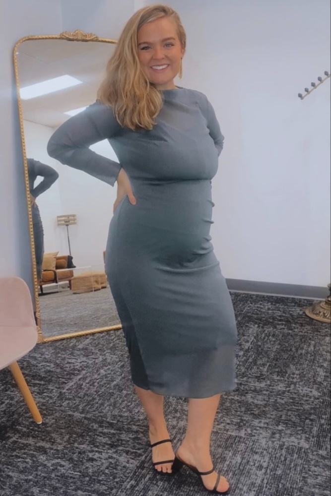 knee length dresses for ladies Pinkblush Black Shimmer Mesh Long Sleeve Ruched Maternity Midi Dress Large main image 1