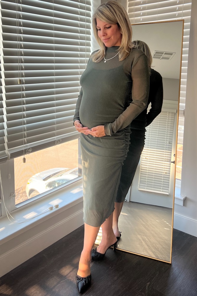 knee length dresses for ladies Pinkblush Charcoal Shimmer Mesh Long Sleeve Ruched Maternity Midi Dress Small main image 0