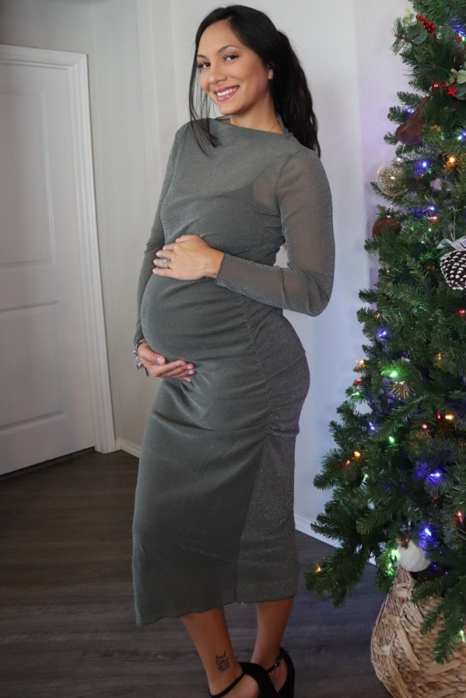 chinese dress ladies Black Mesh Overlay Off Shoulder Long Sleeve Maternity Midi Dress – PinkBlush main image 1