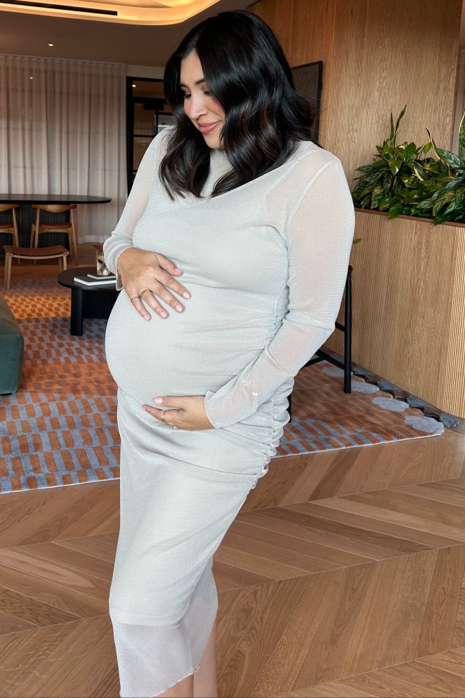 chinese dress ladies PinkBlush Brown Shimmer Mesh Long Sleeve Ruched Maternity Midi Dress at  Amazon Women's Clothing store main image 0