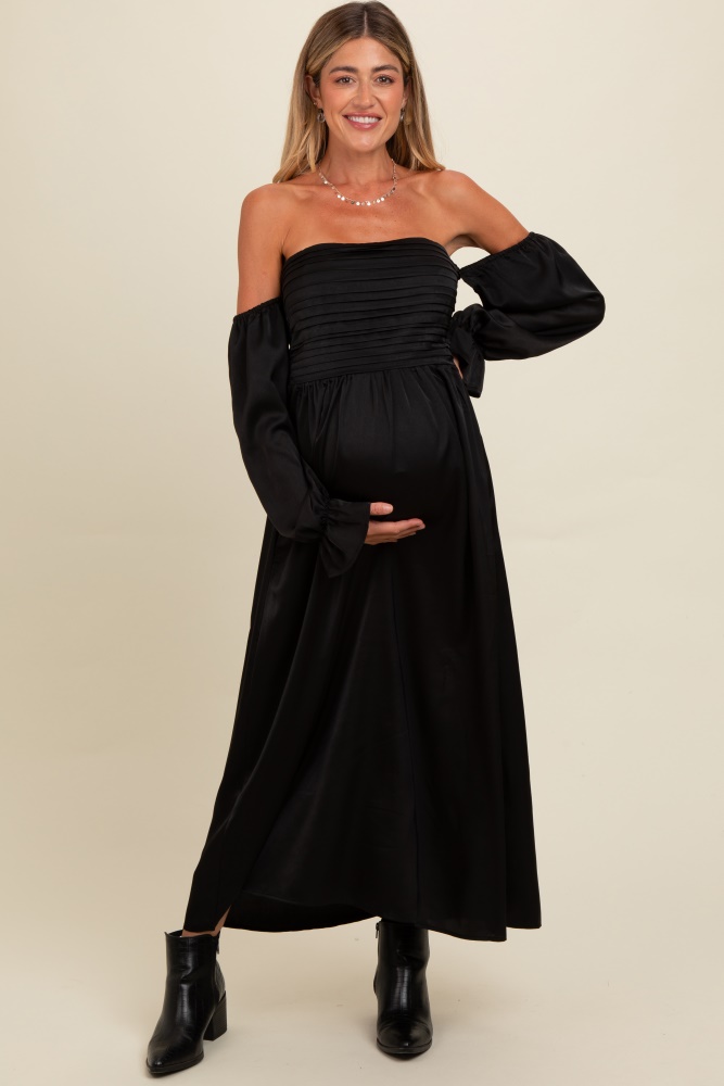 black off shoulder satin pleated bodice maternity maxi dress