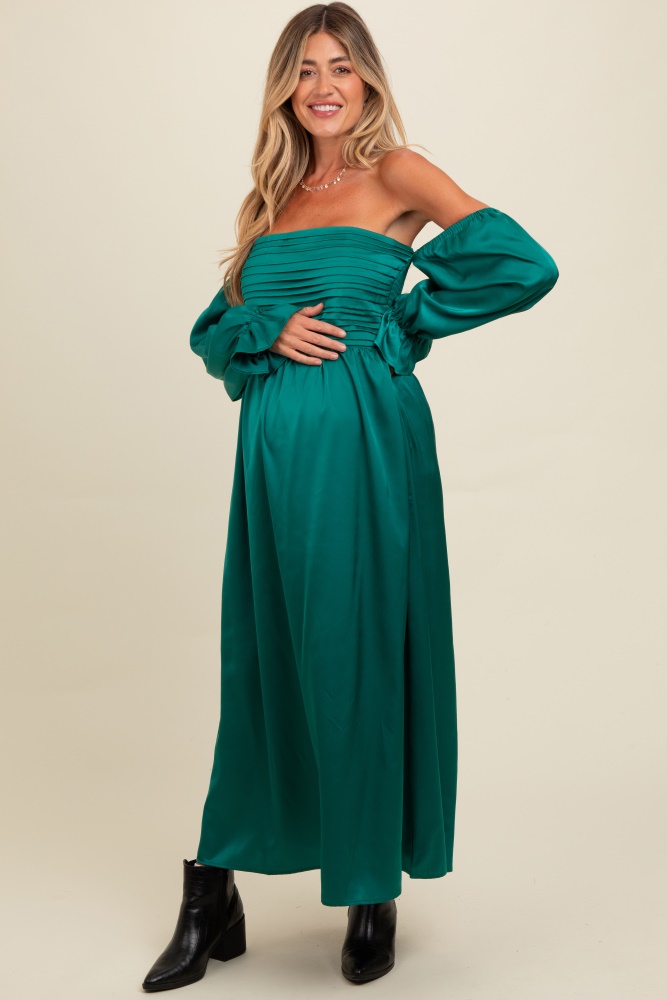 emerald green off shoulder satin pleated bodice maternity maxi dress