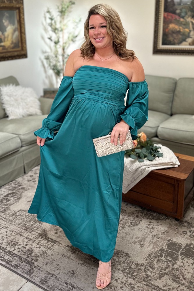 emerald green empire waist dress Off the Shoulder Emerald Green Long Prom Dress with Slit TP0919 – Tirdress