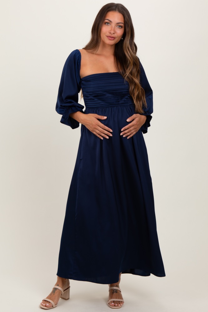 navy off shoulder satin pleated bodice maternity maxi dress