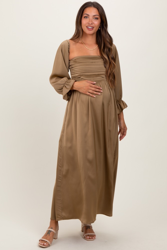 olive off shoulder satin pleated bodice maternity maxi dress