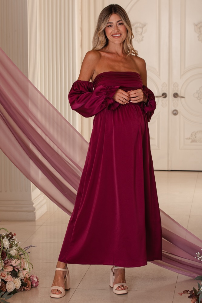 burgundy off shoulder satin pleated bodice maternity maxi dress