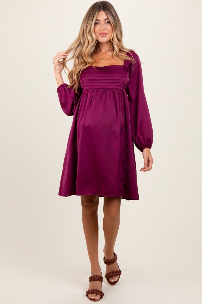 plum satin pleated detail bodice maternity dress