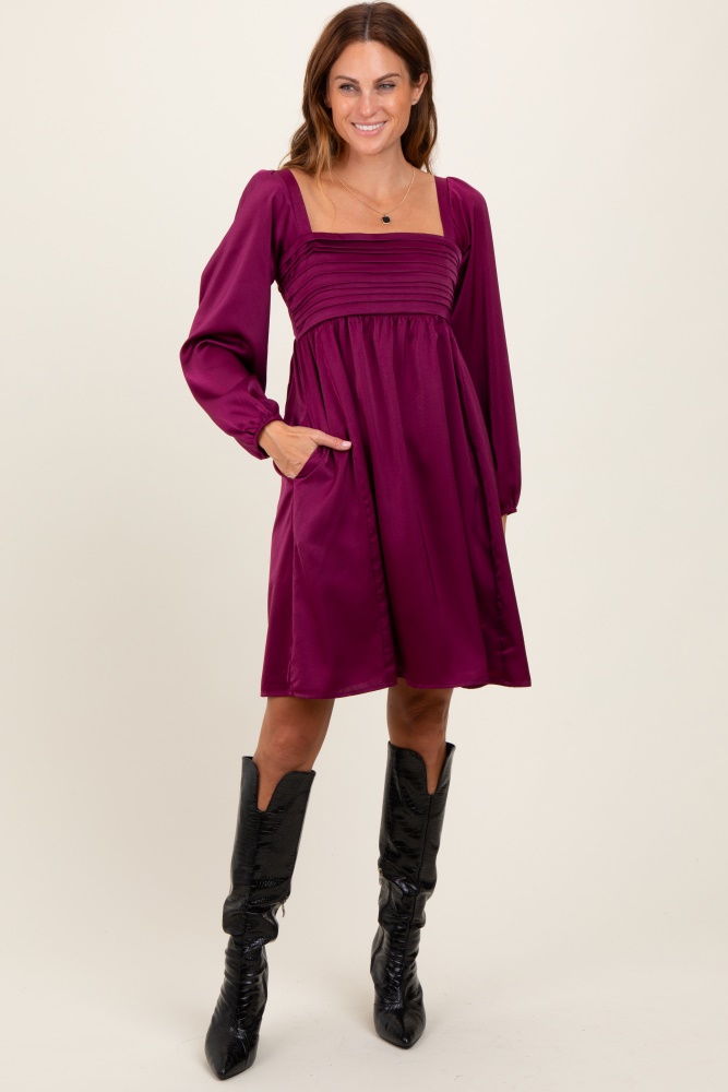 plum satin pleated detail bodice dress