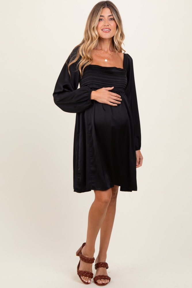 black satin pleated detail bodice maternity dress