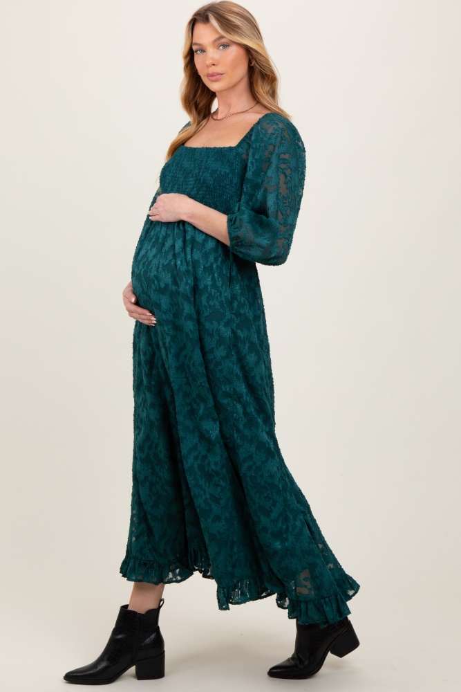 forest green textured overlay smocked ruffled hem maternity maxi dress