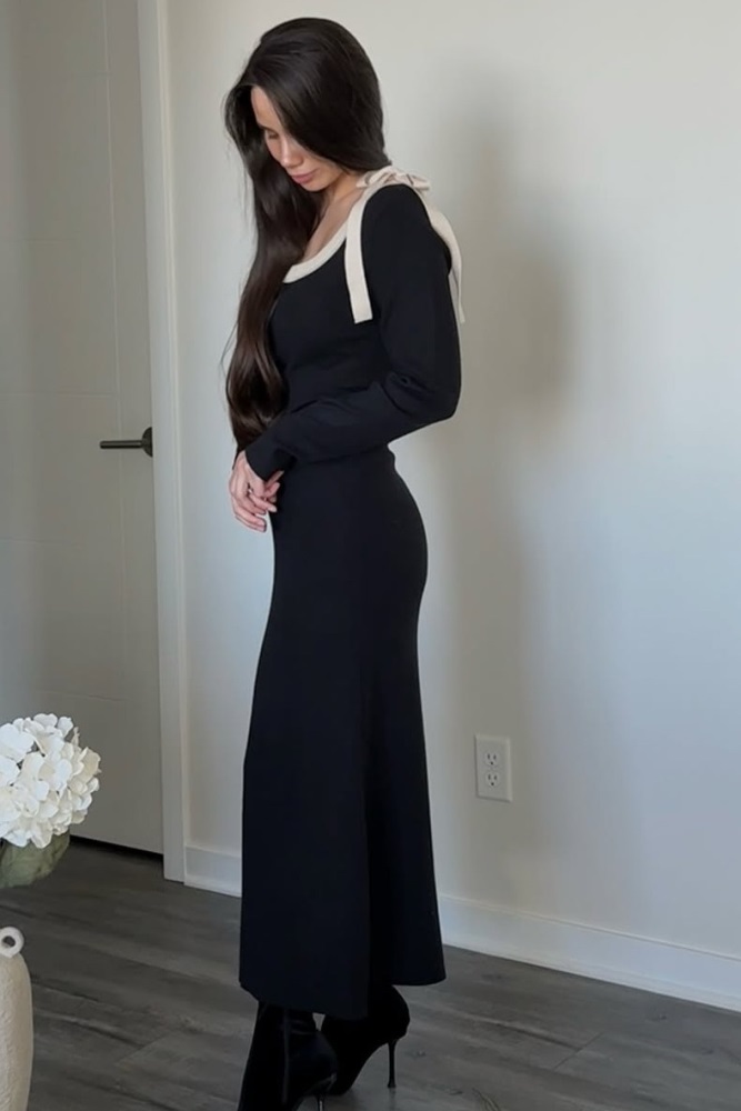 Black Shoulder Bow Detail Maxi Sweater Dress  PinkBlush