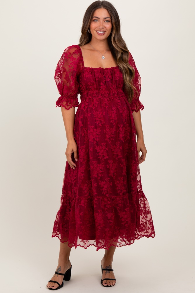 burgundy floral mesh lace overlay maternity maxi dress