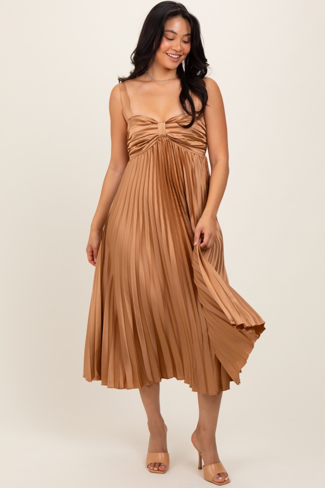 gold satin pleated sweetheart midi dress