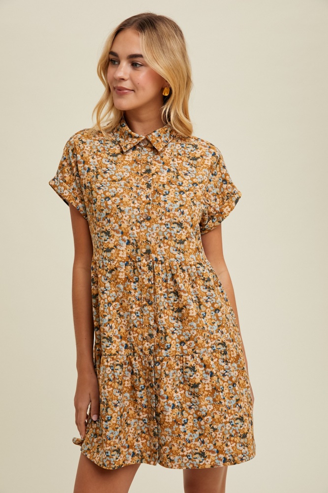 mustard combo floral corduroy tiered mini dress