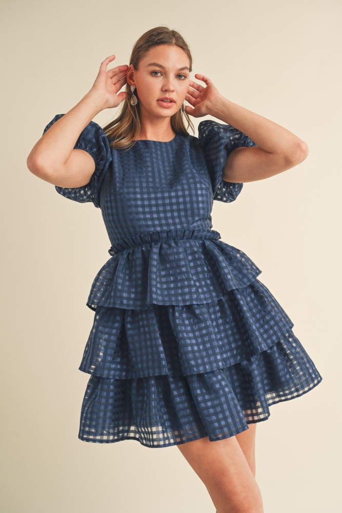 navy puff sleeve tiered layer mini dress