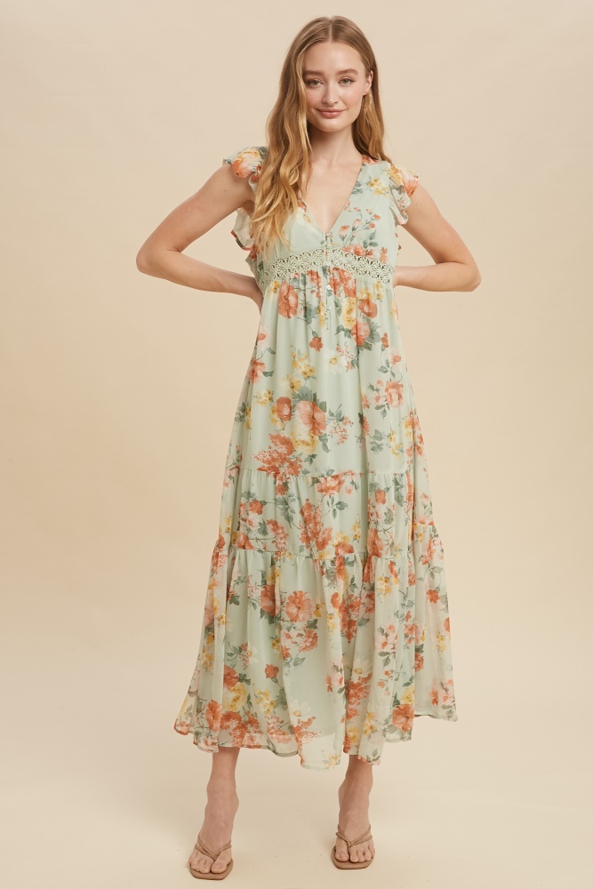 green tea floral chiffon flutter sleeve maxi dress