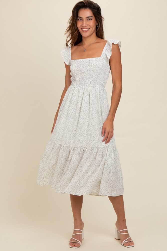 cream ruffle strap smocked mid dress