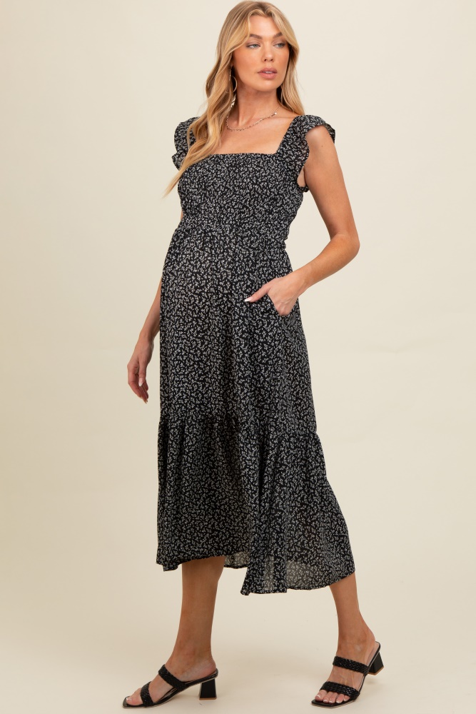 black ruffle strap smocked maternity mid dress