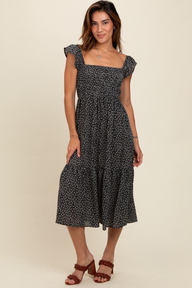 black ruffle strap smocked mid dress