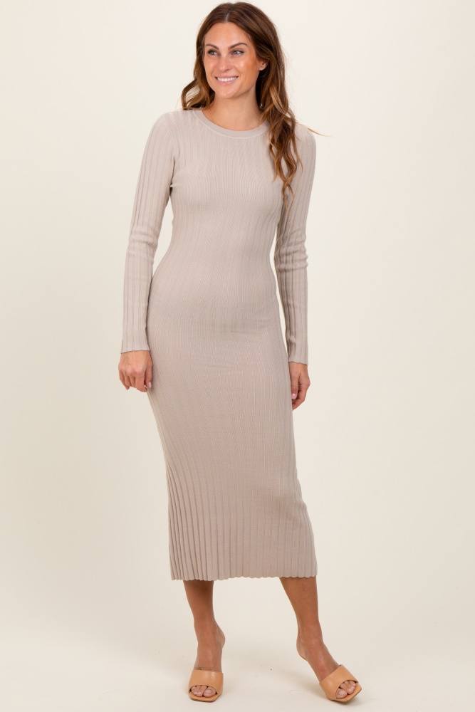 beige ribbed knit fitted midi sweater dress